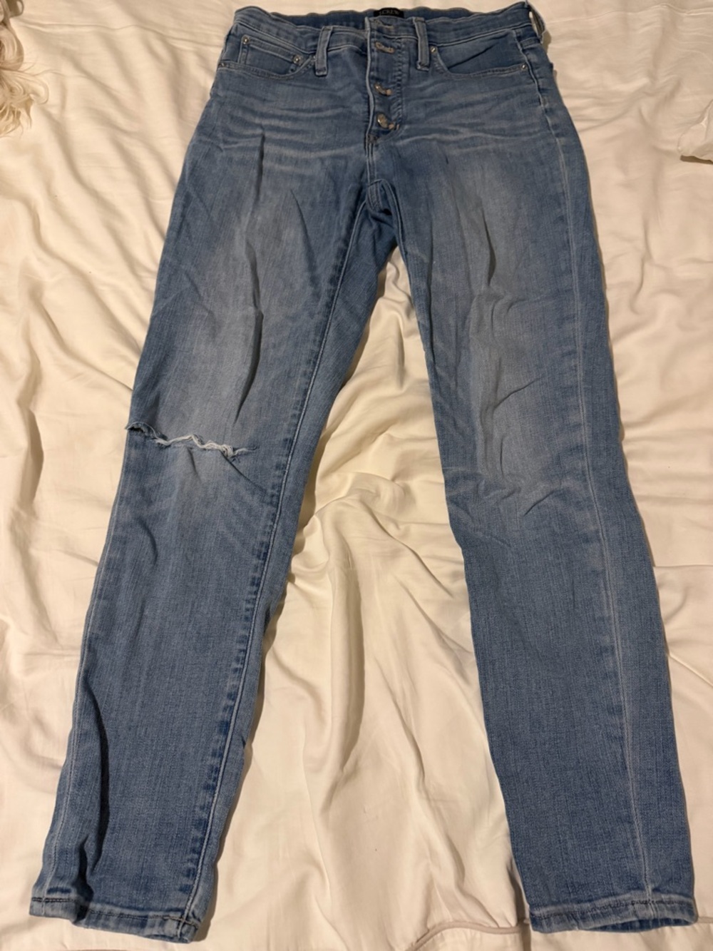 J. Crew Blue Skinny Jeans with Knee Rip